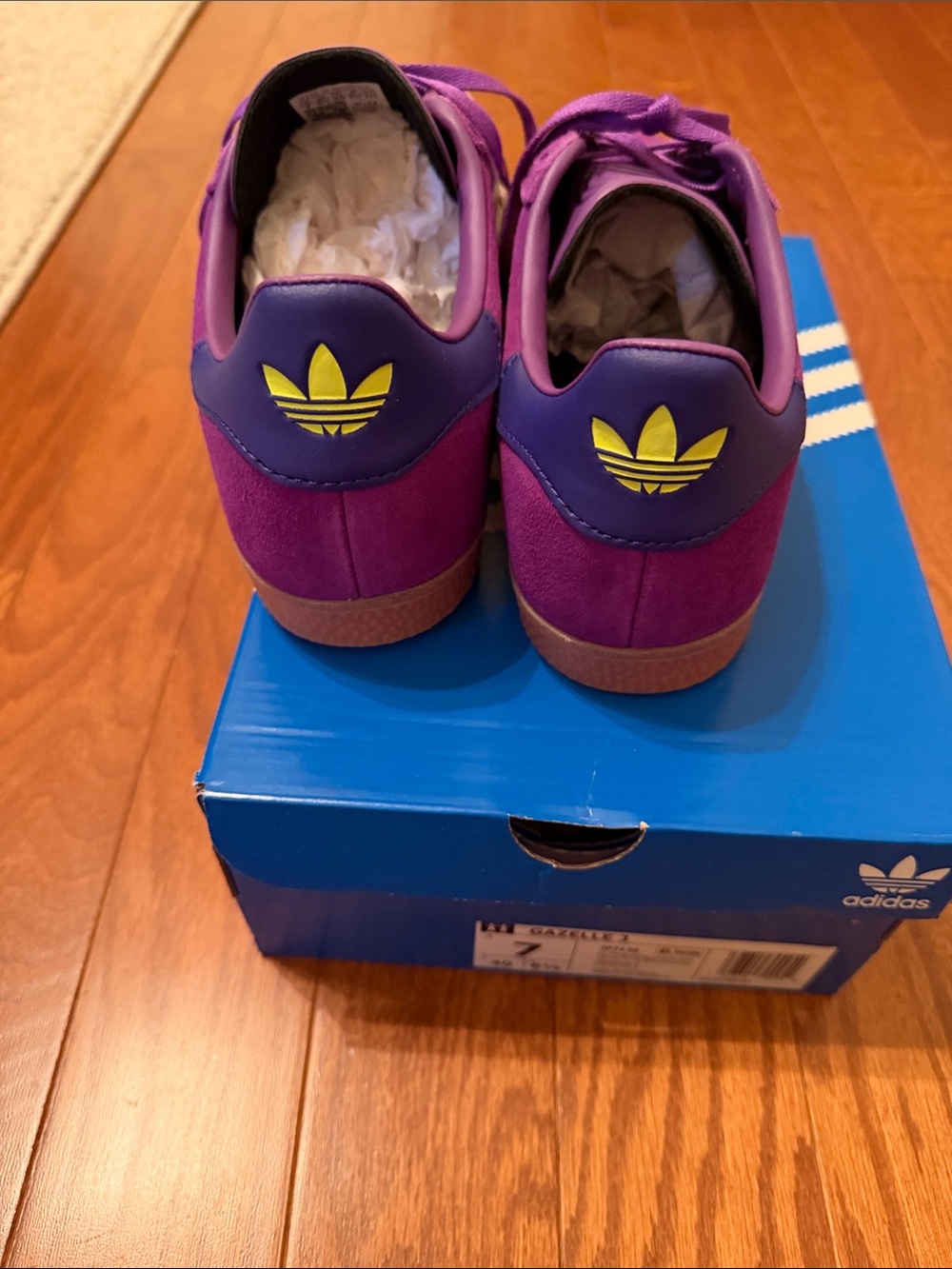 adidas GAZELLE J Women's Violet Purple Suede Sneakers with Neon Yellow Stripes - Picture 3 of 5